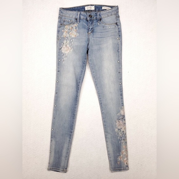 VINTAGE Jessica Simpson Size 2 Kiss Me Super Skinny Jean Distressed Denim Floral - Picture 2 of 14